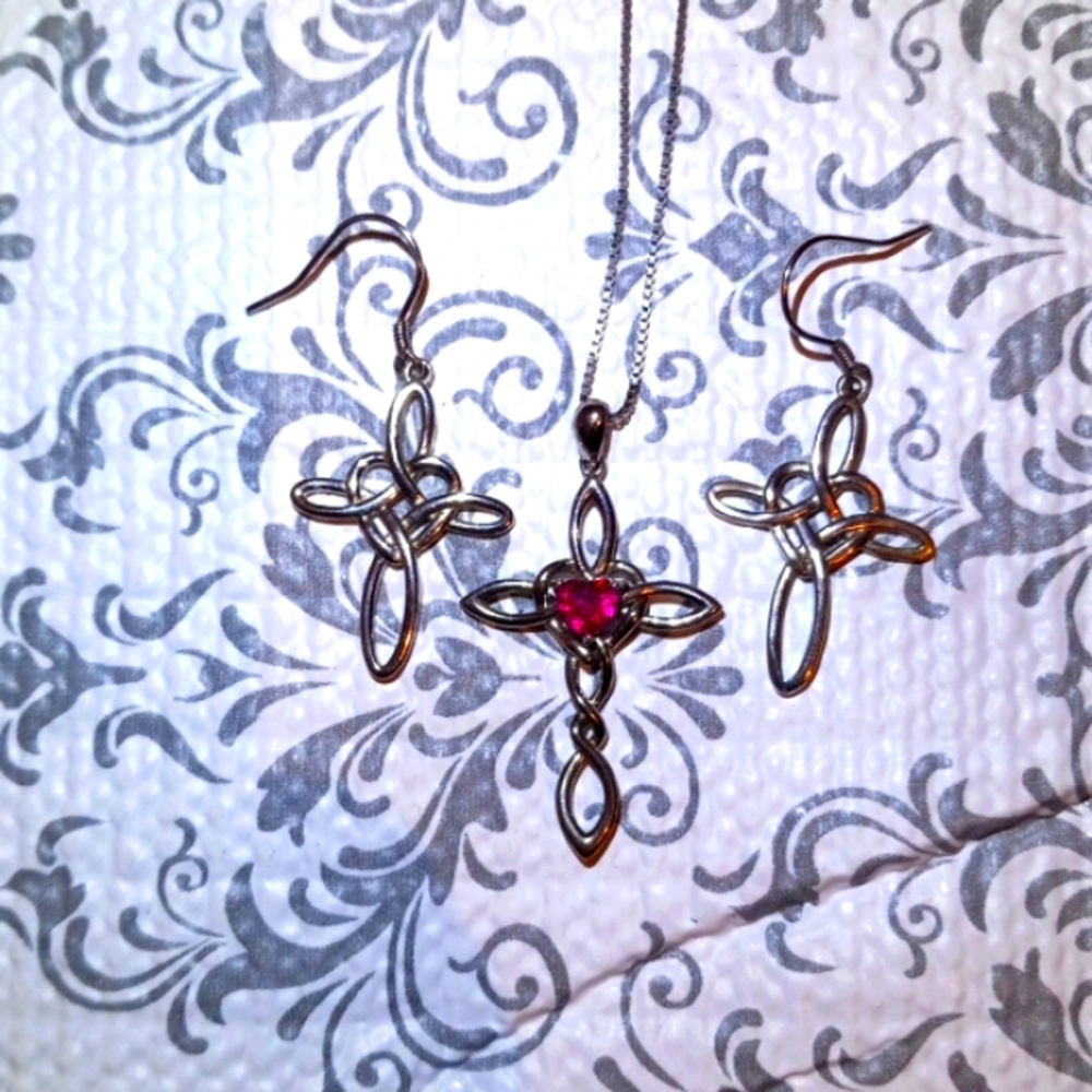 Ruby Celtic Cross Necklace and Earrings